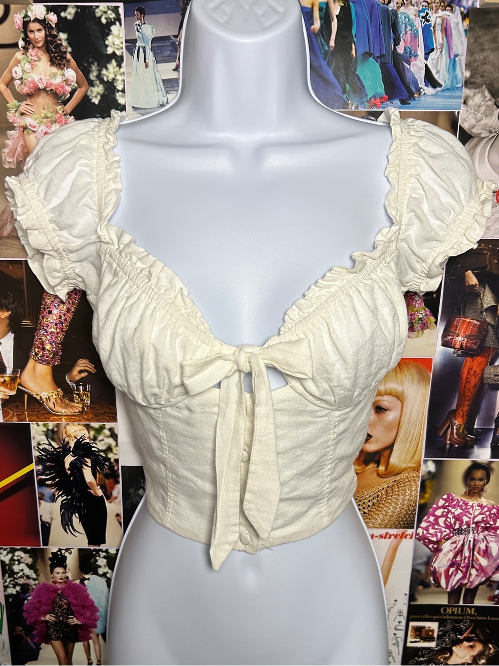 Princess Polly Cream Ruffle Tie-Front Crop Top